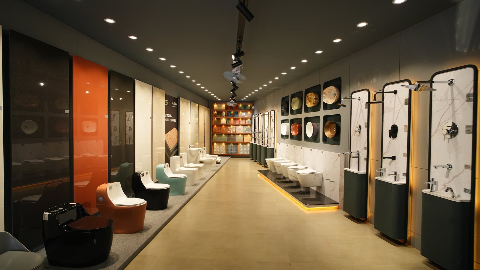 The main display corridor at Star Tiles, with tile, sanitaryware and fittings on show